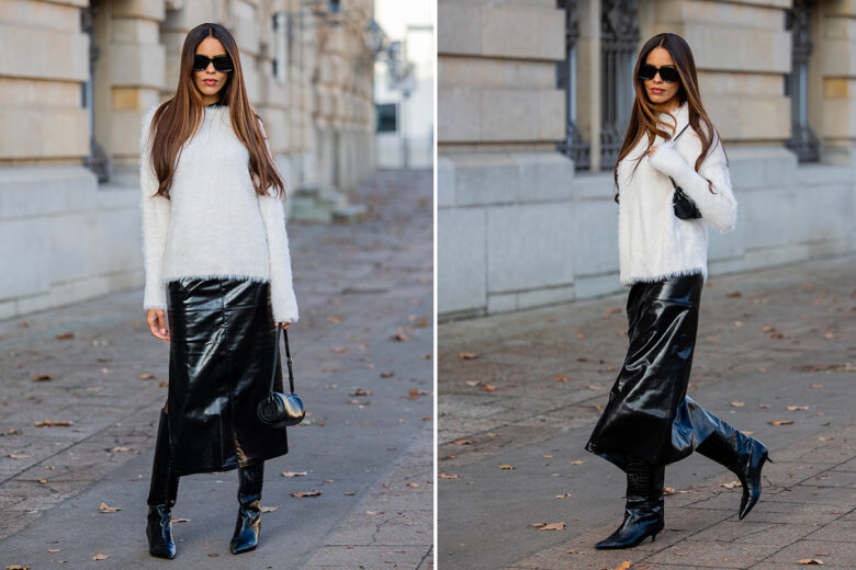Gonna in vernice nera, stivali stampa cocco e “fluffy sweater”: get the look!