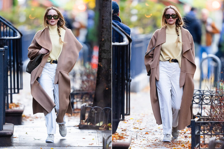 Anche Jennifer Lawrence adora il cappotto cammello e lo abbina così: get the look!