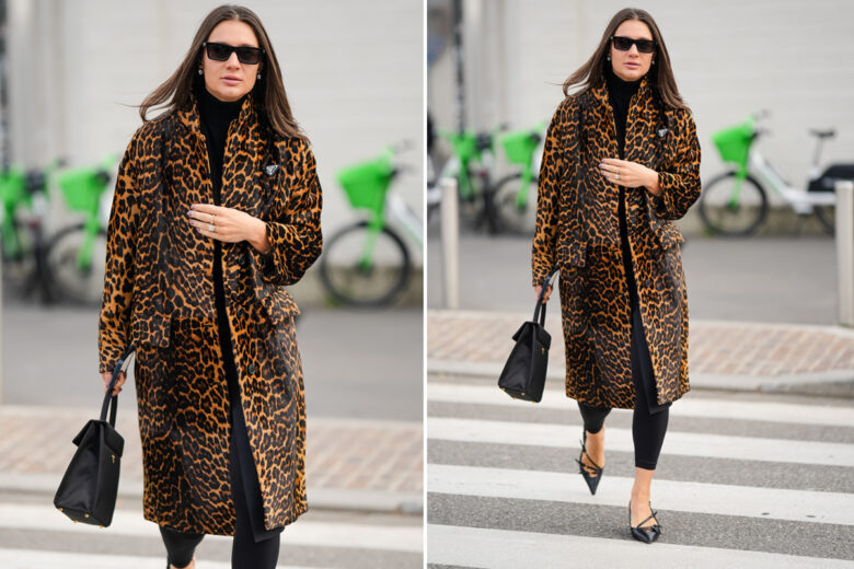 Come indossare il cappotto animalier in modo chic? Con abito in maglia e slingback è impossibile sbagliare