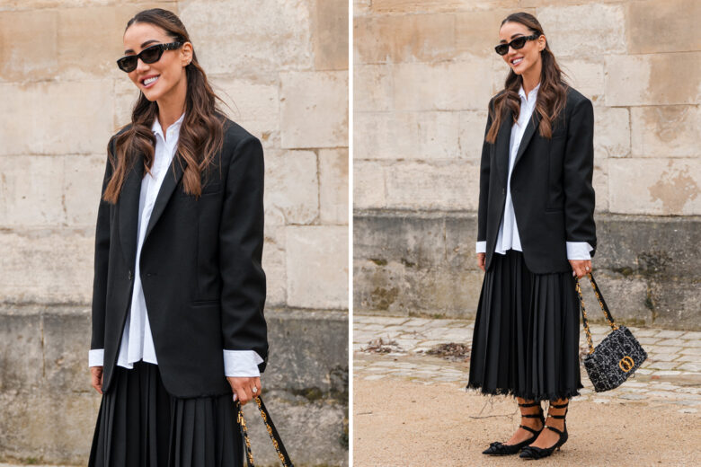 Gonna plissé, camicia e blazer: il look di Tamara Kalinic alla Paris Fashion Week tutto da copiare