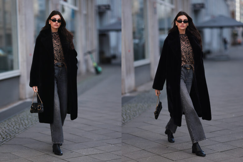 Jeans grigi, maglia animalier e cappotto faux fur: il look daily, semplice e chic, da copiare adesso