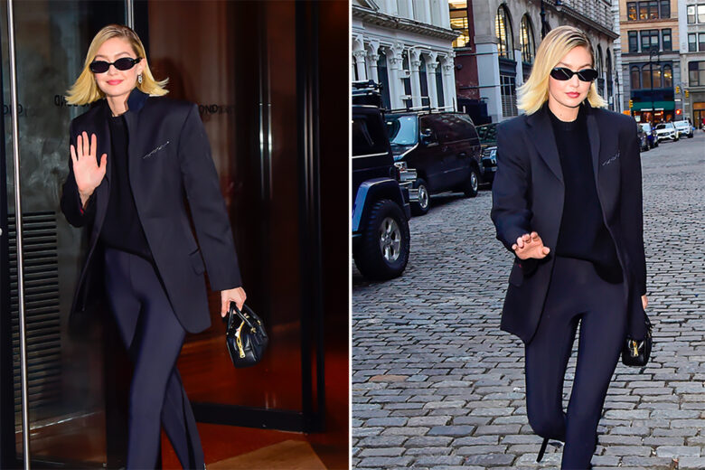 Blazer over, leggings e mocassini con calzino: il look easy-chic di Gigi Hadid da copiare subito