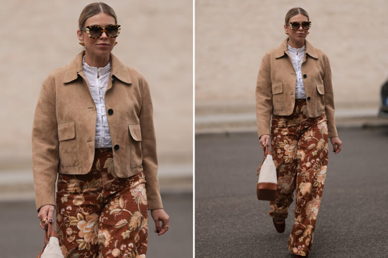 Pantaloni a fiori, giacca in suede e Mary Jane: il look casual-chic di Aline Kaplan tutto da copiare