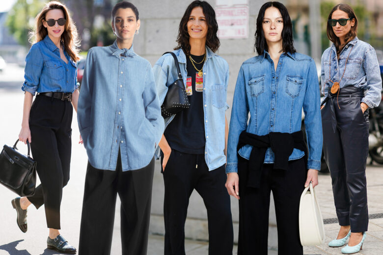 Camicia di jeans e pantaloni neri: la coppia perfetta che non ci delude mai (in 5 outfit stilosi)