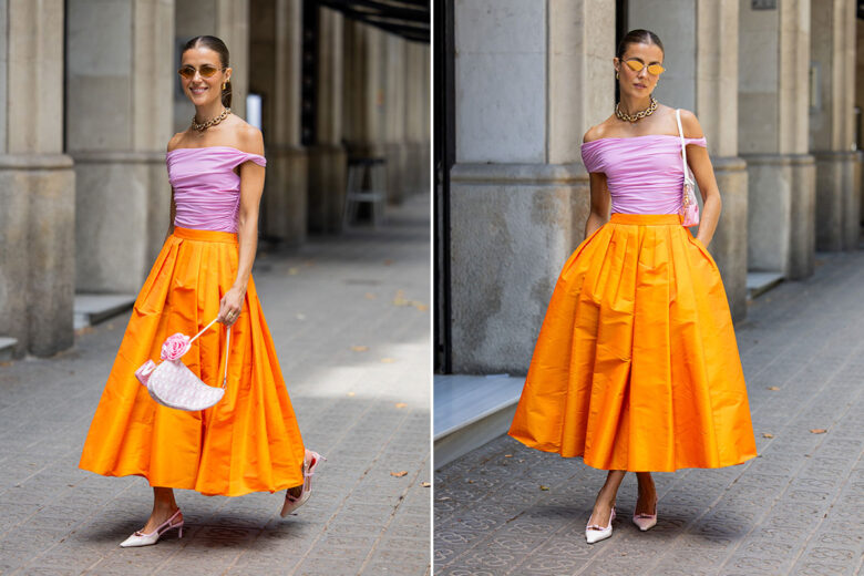 Maglia con spalline scese, gonna a ruota e slingback: il look bon ton è servito