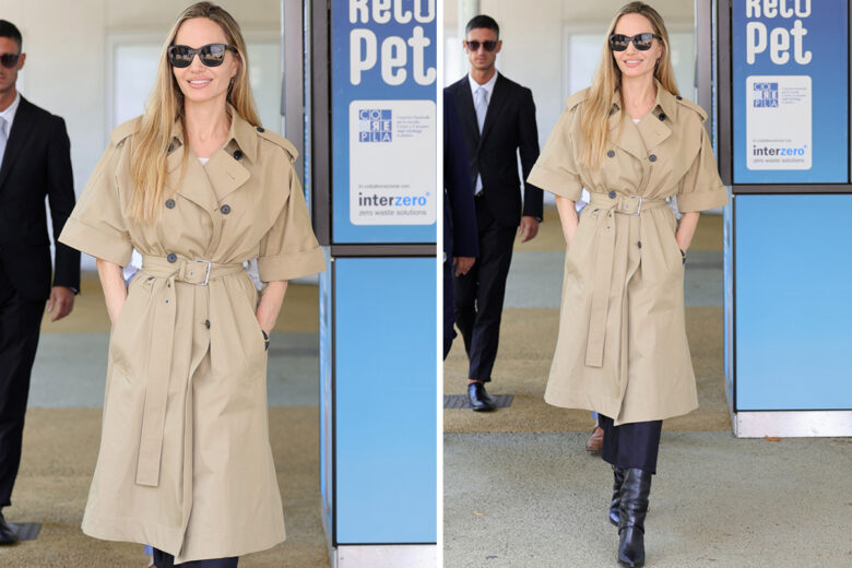 Angelina Jolie e quel trench (sfoggiato per il suo arrivo a Venezia 81) che ci fa già venire voglia di autunno