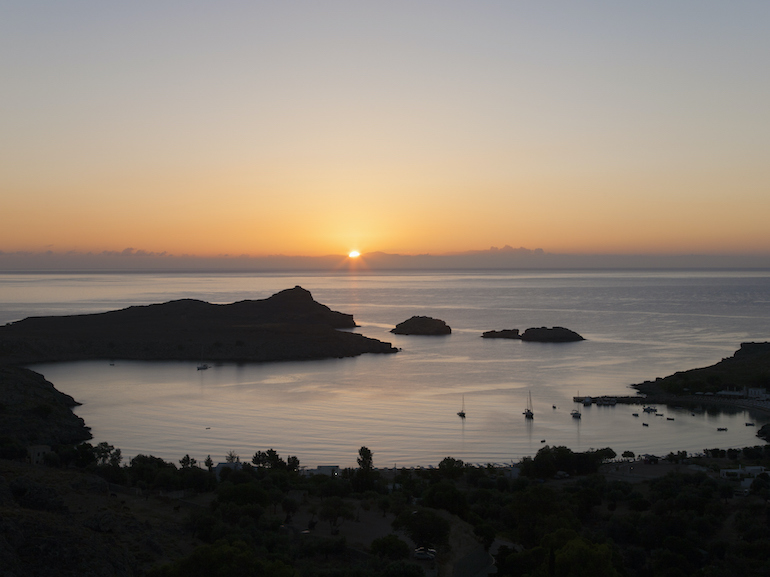 View over Lindos Bay at sunrise, Lindos, Rhodes