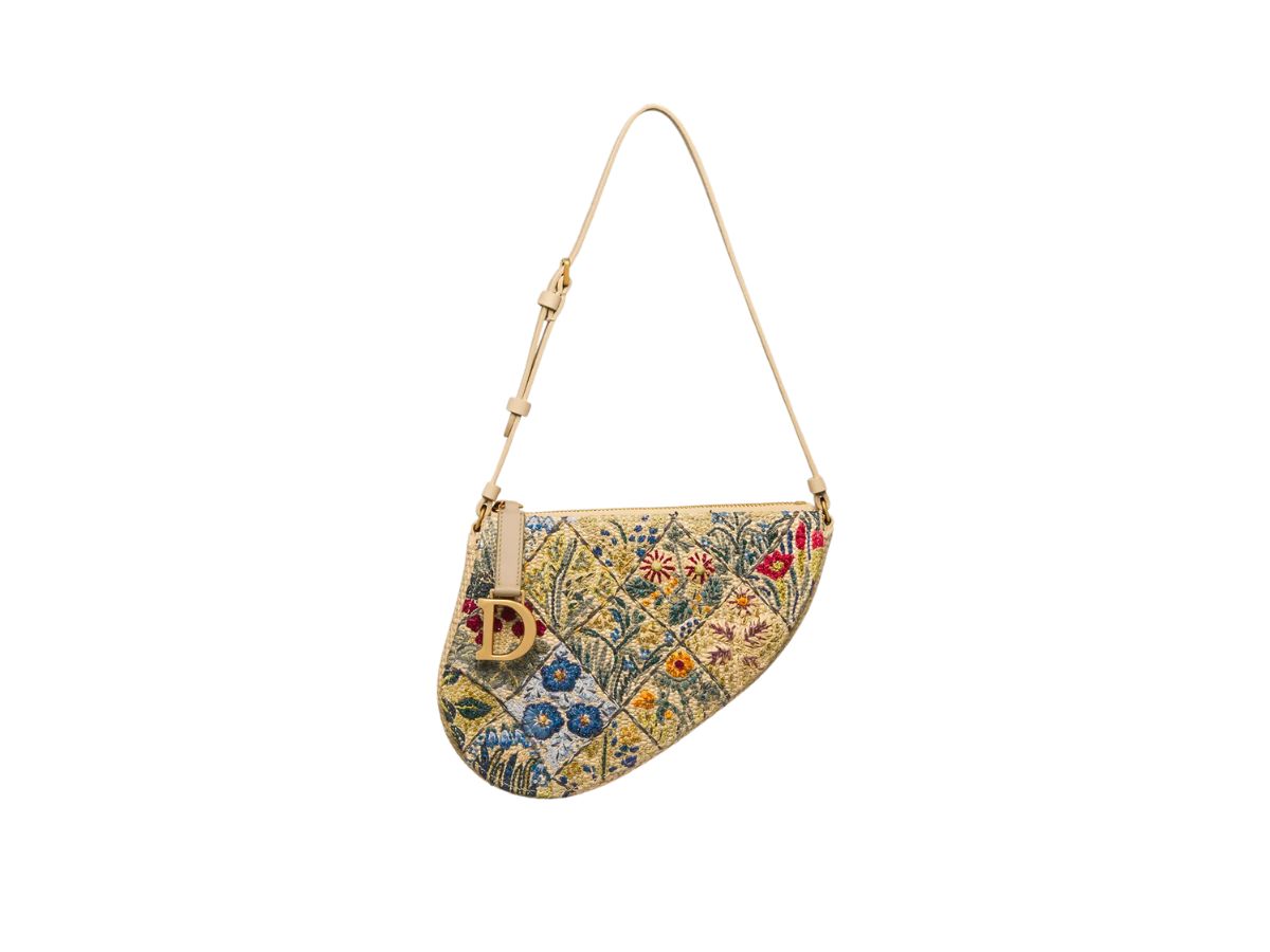 Pochette Rodeo Saddle Rafia naturale e multicolore con ricamo Blossomtime Dior