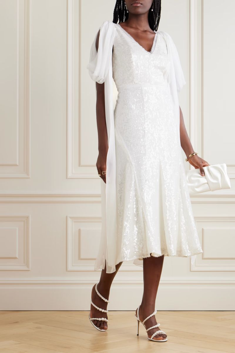 Abito midi in raso con paillettes e chiffon drappeggiato erdem