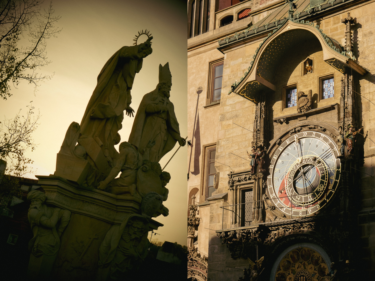 Praga Orologio e statua Ponte Carlo