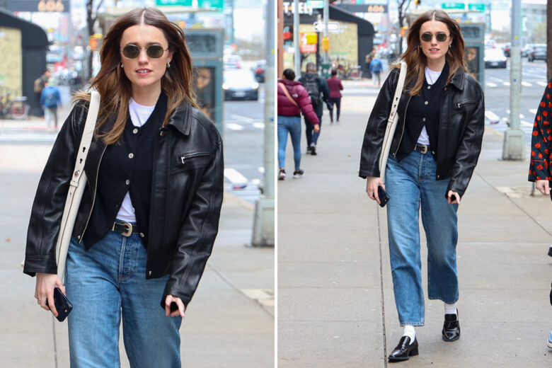 Aimee Lou Wood e quel look con bomber di pelle e jeans che vogliamo sfoggiare anche noi questa primavera