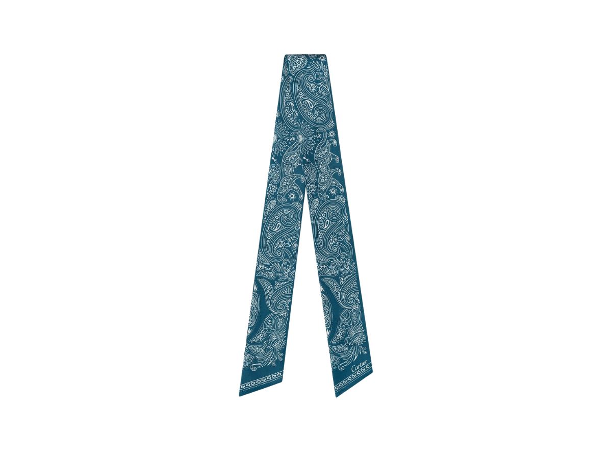 Fascia Double C Paisley in twill di seta blu. Dimensioni 105 x 6 cm.cartier