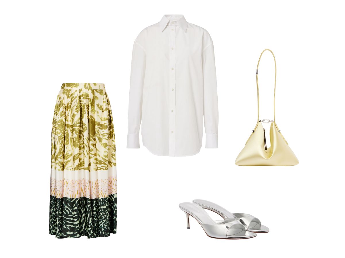 gonna dries van noten – camicia saint laurent – borsa toteme – sandali amina muaddi