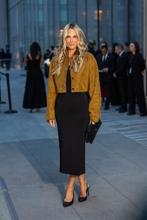 Molly-Sims-Wears-Suede-Jacket,-Black-Skirt-Out-Khaite-Duling-New-York-Fashion-Week