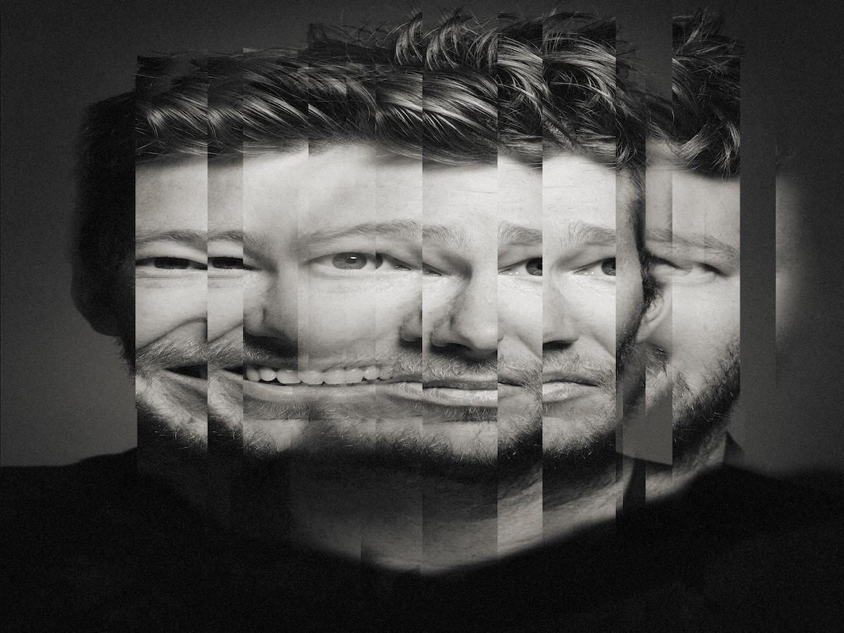 Conceptual portrait of man, reflected in many mirrors, changing emotion from happy to sad