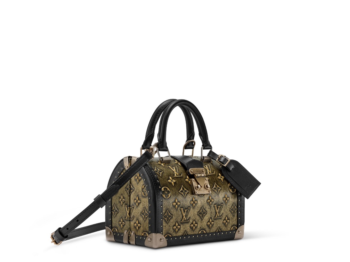 ok SPEEDY TRUNK – GOLD MONOGRAM COWHIDE & POPLAR WOOD -M27157 -SIDE