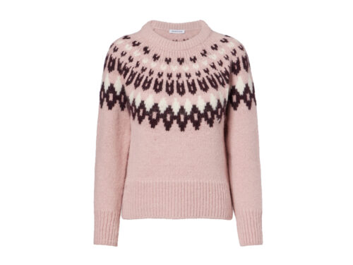 Maglione da donna girocollo con stampa fair isle e ricamo Queen of Cha