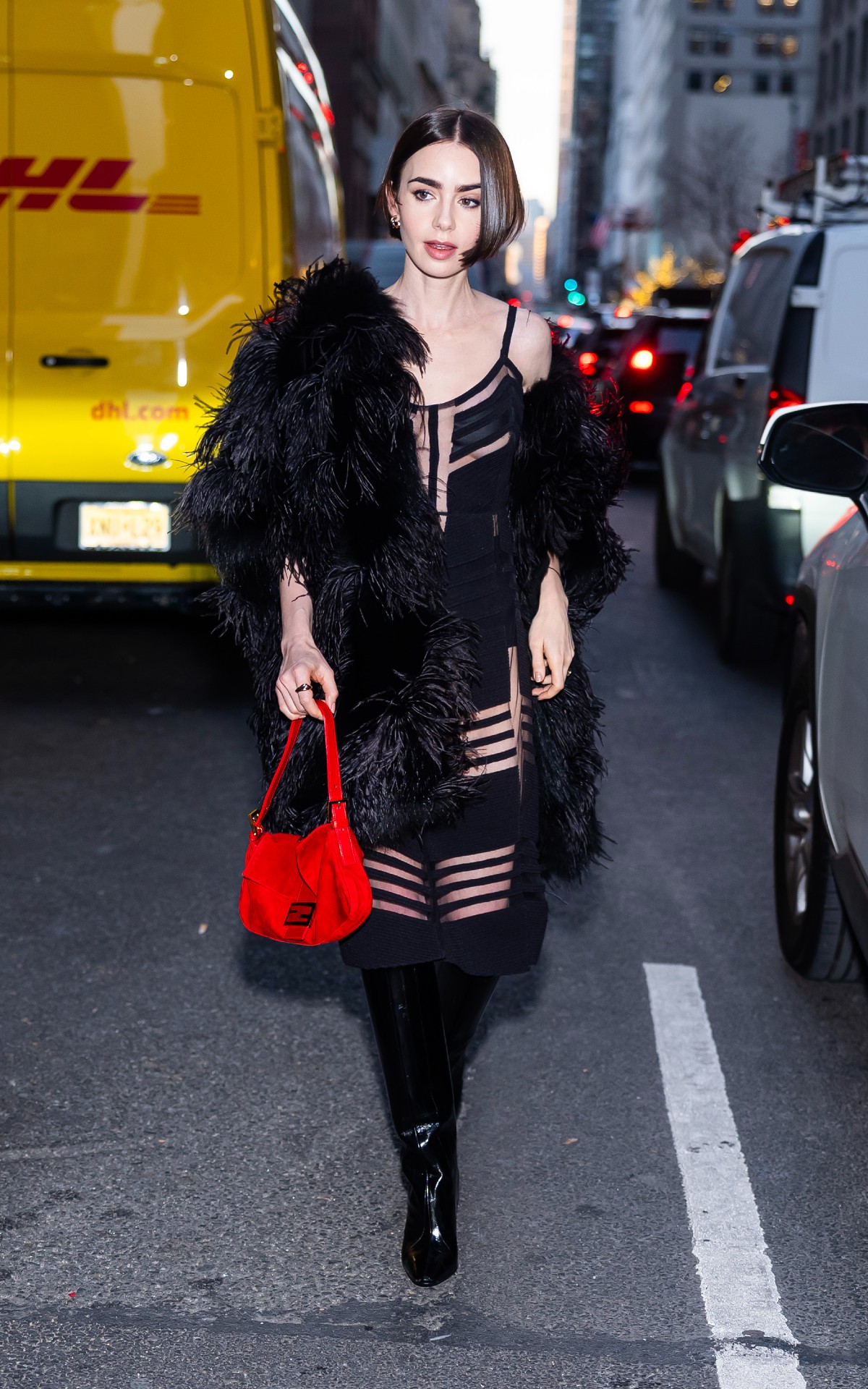 ok FENDI archive dress and Baguette for Lily Collins